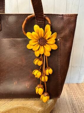 Leather Yellow Flower Purse Charm Genuine Leather Daisy Bag Charm NEW FAST SHIP